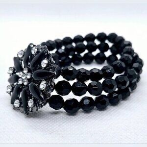 Black Crystal Stretch Bracelet w/ Rhinestone Flower Statement Centerpiece